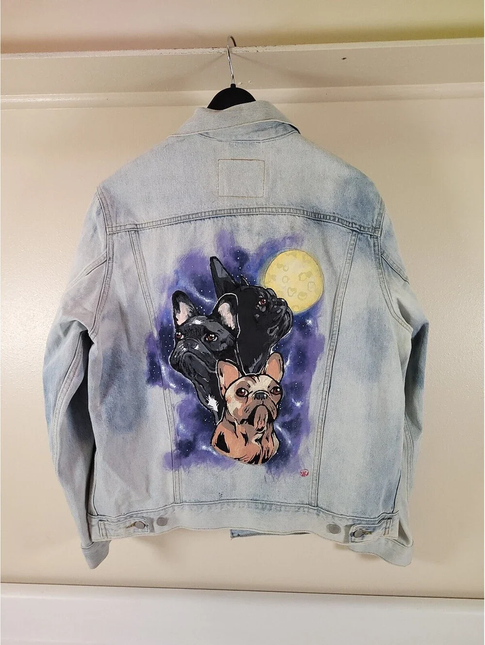 Hand painted levis premium jacket Three french bulldog design size Large